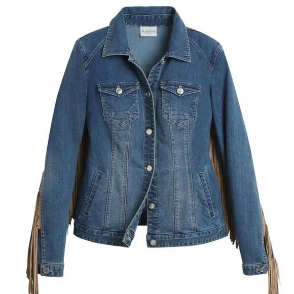 COPY - Chico's Platinum Fringe Denim Jacket - VINTAGE LOOK! NWOT - Picture 6 of 11